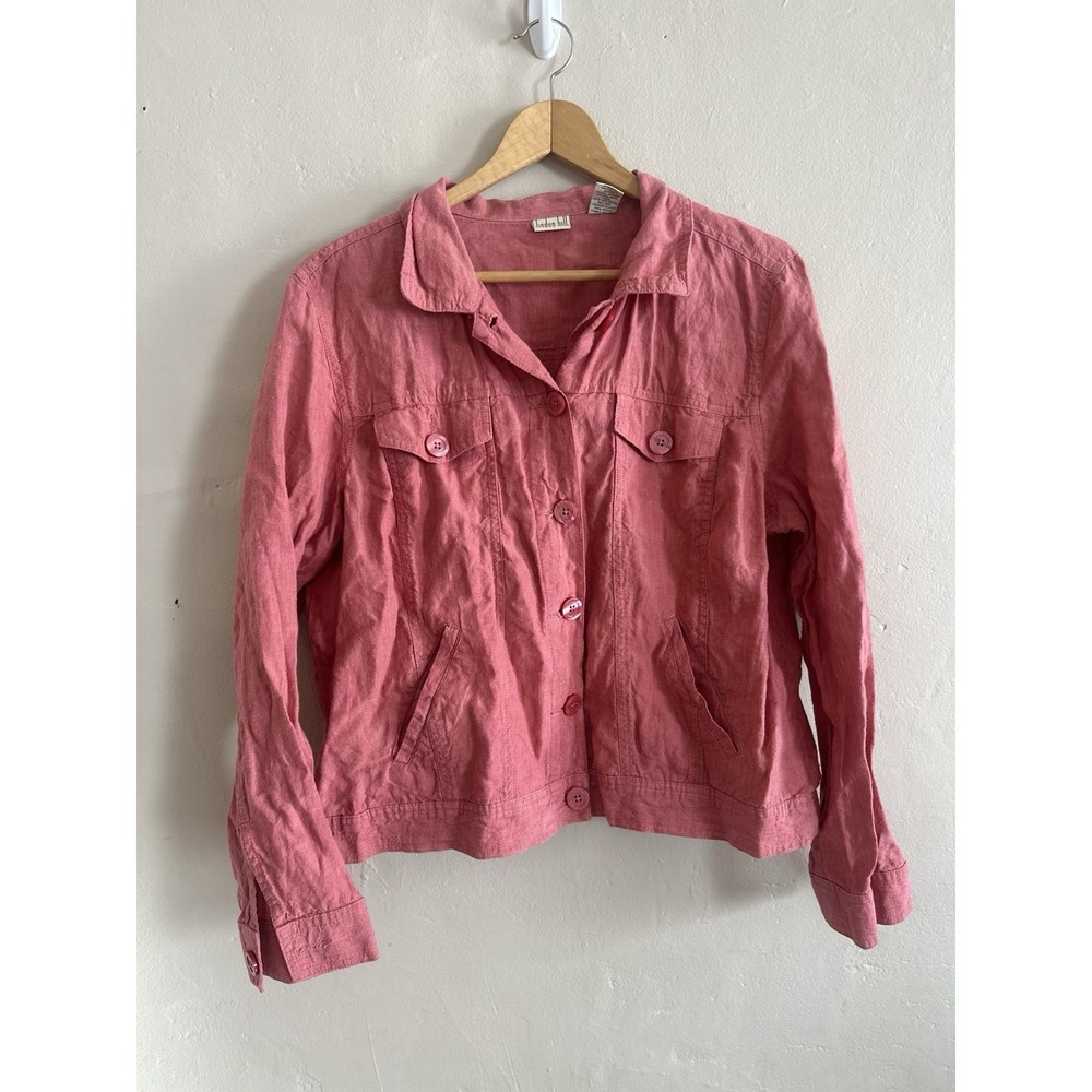 Linden Hill Womens Linen Button Up Jacket Size L Pink Coastal Beachy Pockets